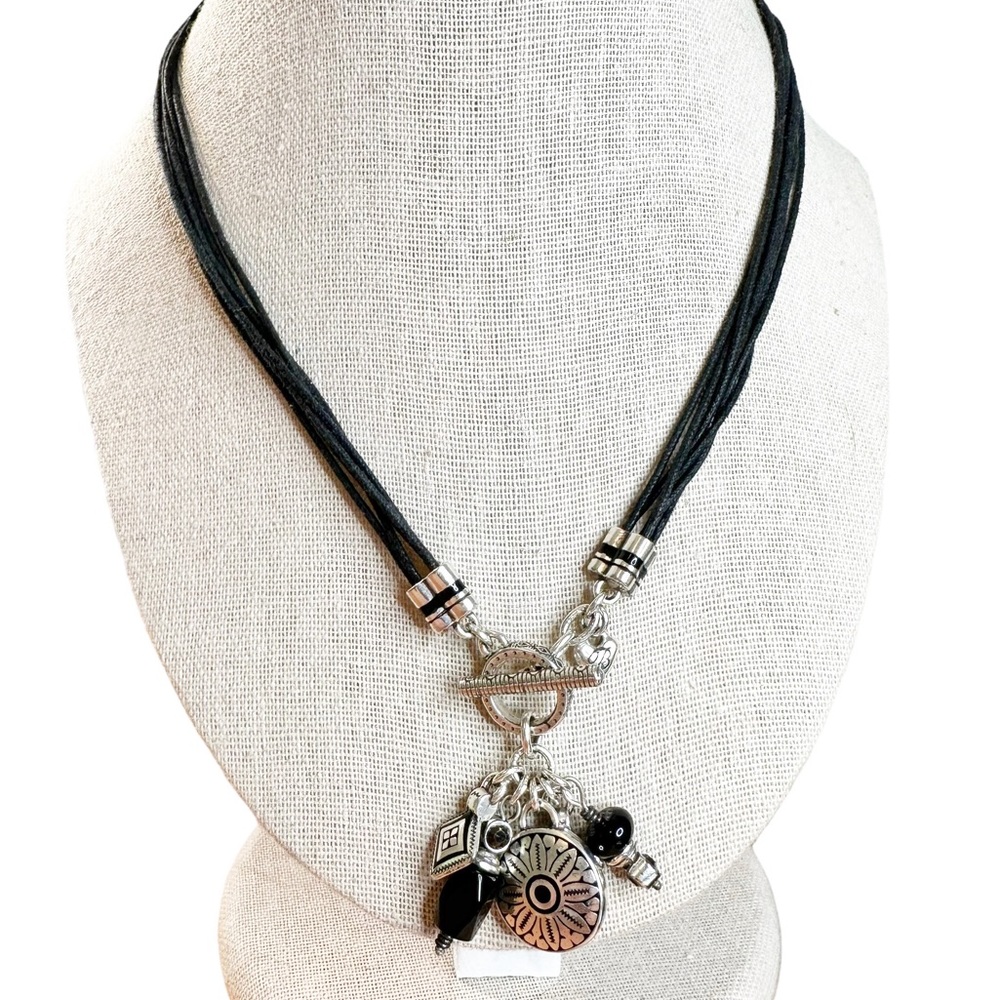 Brighton Toggle Charm Black Glass Multi Strand Cord Necklace